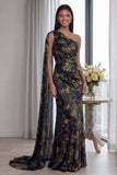 Navy One Shoulder Sheath Ruched Long Evening Dress with Side Cape