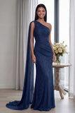 Navy One Shoulder Sheath Ruched Long Evening Dress with Side Cape
