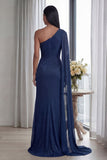 Navy One Shoulder Sheath Ruched Long Evening Dress with Side Cape