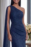 Navy One Shoulder Sheath Ruched Long Evening Dress with Side Cape