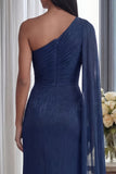 Navy One Shoulder Sheath Ruched Long Evening Dress with Side Cape