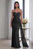 Back Strapless Sheath Ruched Long Evening Dress with Ribbon