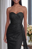 Back Strapless Sheath Ruched Long Evening Dress with Ribbon