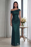 Dark Green Off the Shoulder Sheath Ruched Long Evening Dress
