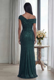 Dark Green Off the Shoulder Sheath Ruched Long Evening Dress