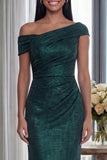 Dark Green Off the Shoulder Sheath Ruched Long Evening Dress