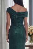 Dark Green Off the Shoulder Sheath Ruched Long Evening Dress
