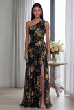 Golden Pleated A Line One Shoulder Long Evening Dress with Slit