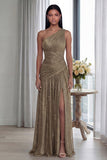 Golden Pleated A Line One Shoulder Long Evening Dress with Slit