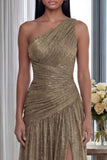 Golden Pleated A Line One Shoulder Long Evening Dress with Slit