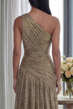 Golden Pleated A Line One Shoulder Long Evening Dress with Slit
