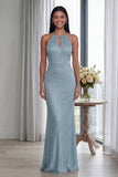 Sky Blue Halter Sheath Long Evening Dress with Back Keyhole