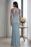 Sky Blue Halter Sheath Long Evening Dress with Back Keyhole