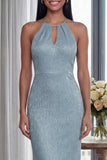 Sky Blue Halter Sheath Long Evening Dress with Back Keyhole
