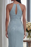 Sky Blue Halter Sheath Long Evening Dress with Back Keyhole