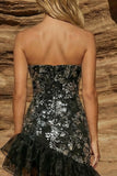 Black Strapless Beaded Tight Asymmetrical Short Cocktail Dress with Ruffles