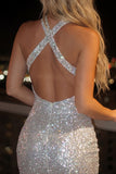 Sparkly Silver Halter Neck Tight Short Sequins Cocktail Dress