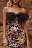 Sparkly Black Strapless Bodycon Sequins Cocktail Dress with Bow