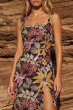 Black Sheath Square Neck Floral Long Wedding Guest Dress with Slit