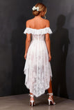 Off The Shoulder White Lace Corset High-Low A Line Wedding Dress