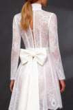 White Lace A Line Long Sleeves High-Low Wedding Dress with Bow