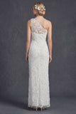 White One Shoulder Sheath Long Wedding Dress with Appliques