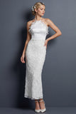 Sheath Halter White Long Wedding Dress with Ruffles