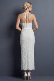 Sheath Halter White Long Wedding Dress with Ruffles