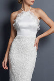 Sheath Halter White Long Wedding Dress with Ruffles