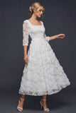 White A Line 3/4 Sleeves Long Wedding Dress with 3D Flowers