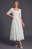 White A Line 3/4 Sleeves Long Wedding Dress with 3D Flowers