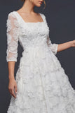White A Line 3/4 Sleeves Long Wedding Dress with 3D Flowers