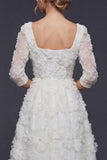 White A Line 3/4 Sleeves Long Wedding Dress with 3D Flowers