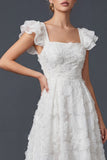 White 3D Flowers A Line Square Neck Long Wedding Dress with Flutter Sleeves