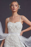 White Bodycon 3D Flowers Spaghetti Straps Short Wedding Dress with Streamer