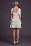 White Bow Straps A Line Short Wedding Dress with 3D Flowers