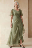 Dusty Sage A Line Ruched Mother of the Bride Dress with Short Sleeves