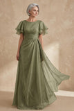 A Line Dusty Sage Boat Neck Ruched Mother of the Bride Dress with Ruffle Sleeves