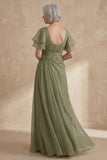 A Line Dusty Sage Boat Neck Ruched Mother of the Bride Dress with Ruffle Sleeves