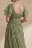 A Line Dusty Sage Boat Neck Ruched Mother of the Bride Dress with Ruffle Sleeves
