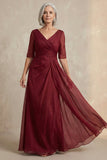 Red V-Neck A Line Half Sleeves Mother of the Bride Dress
