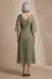 Dusty Sage A Line Pleated Half Sleeves Midi Mother of the Bride Dress