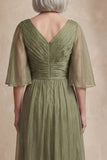 Dusty Sage A Line Pleated Half Sleeves Midi Mother of the Bride Dress