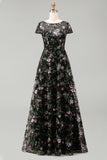 Black A-Line Boat Neck Long Mother Of the Bride Dress with Sequins