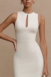White Sheath Cut Out Round Neck Midi Satin Engagement Dress