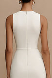White Sheath Cut Out Round Neck Midi Satin Engagement Dress