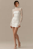 Lace Bodycon High Neck Little White Dress with Long Sleeves