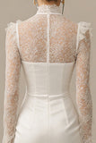 Lace Bodycon High Neck Little White Dress with Long Sleeves