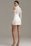 Bodycon High Neck Little White Dress with Lace Long Sleeves