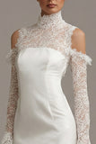 Bodycon High Neck Little White Dress with Lace Long Sleeves